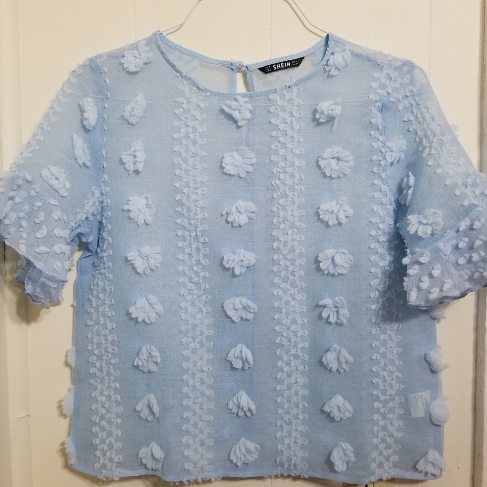 Shein Blue Short Sleeve  Sheer Blouses